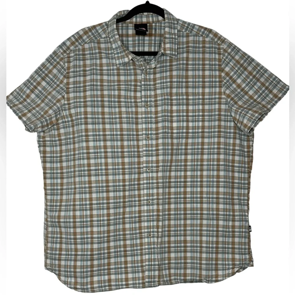 The North Face Button Up Shirt Mens Size XXL Brown/blue Plaid Short Sleeve